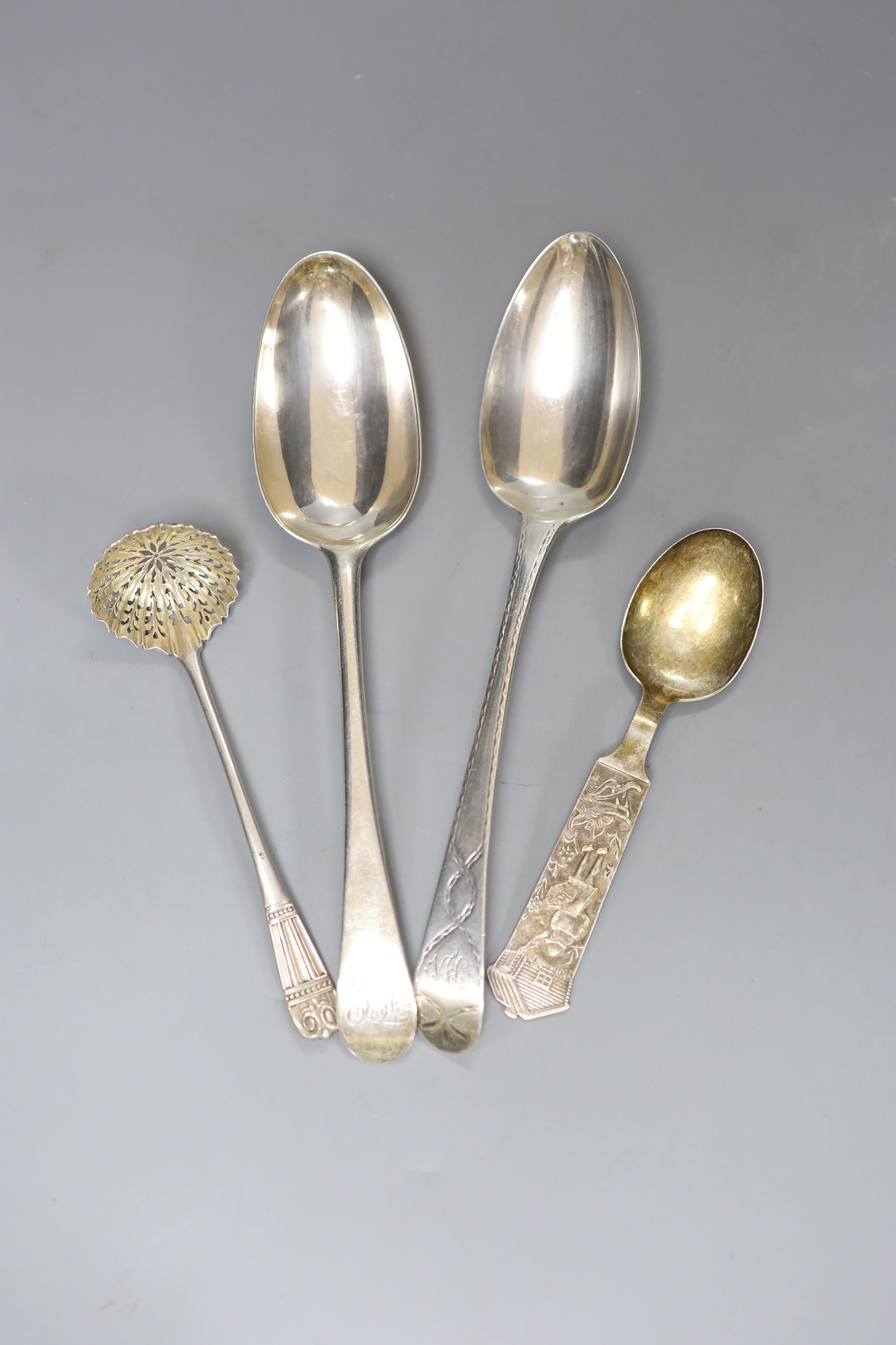 Three assorted silver spoons including two 18th century and a Finnish white metal spoons, gross 5oz.